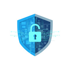 Blue digital shield icon featuring an open padlock over circuit patterns and binary code