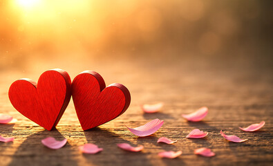 wo Red Wooden Hearts with Petals on Warm Sunset Background, Generative AI