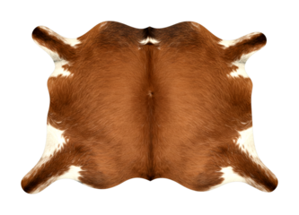 Natural brown and white cowhide rug displays its unique fur pattern and irregular shape, showcasing rich texture and earthy tones in a flat lay, top-down view