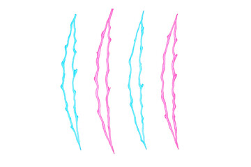 Neon claw marks ripping, glowing vivid pink and cyan light, abstract scratch effect on transparent background