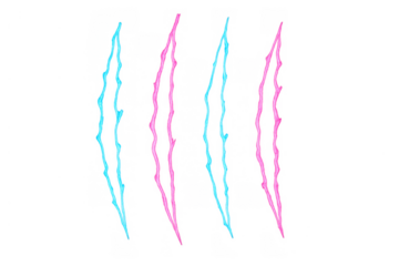 Neon claw marks ripping, glowing vivid pink and cyan light, abstract scratch effect on transparent background