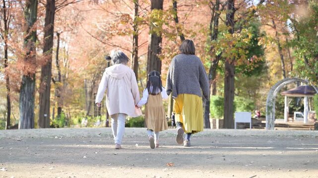A three-generation family of grandmother and grandchildren playing in an autumn park A video depicting a scene of them walking hand-in-hand, enjoying outings and leisure time Showing their backs witho