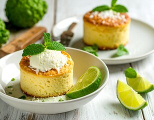 Two baked desserts topped with cream and mint, accompanied by lime