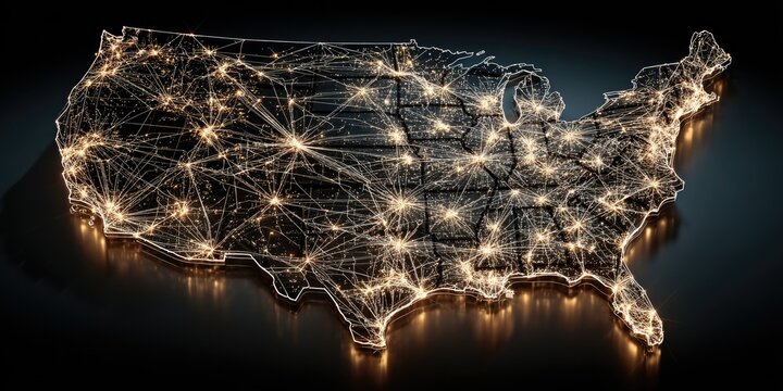 Illuminated map of the U.S. depicts a complex web of interconnected cities