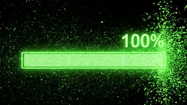 Futuristic System Status with cyberpunk loading bar animation glitch effect uploading progress isolated on black background computer screen distortion, green overlay, glitch, static noise, scan lines