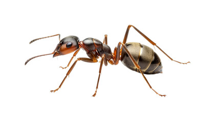 Detailed macro shot of a brown ant with a segmented body, long antennae, and slender legs, captured in sharp focus with intricate textures visible