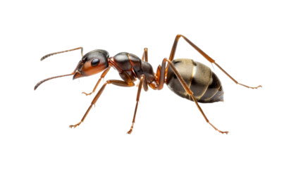 Detailed macro shot of a brown ant with a segmented body, long antennae, and slender legs, captured in sharp focus with intricate textures visible
