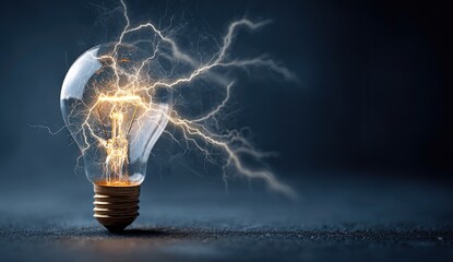 Brilliant lightbulb sparks with energetic lightning bolts against dark background