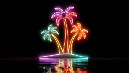 Vibrant neon palm trees glow on a dark, reflective surface