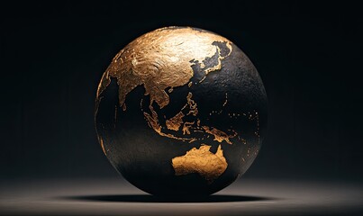 A textured globe with gold continents against a dark, moody background