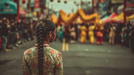 Celebration of lunar new year with traditional lion dance and cultural attire in city streets