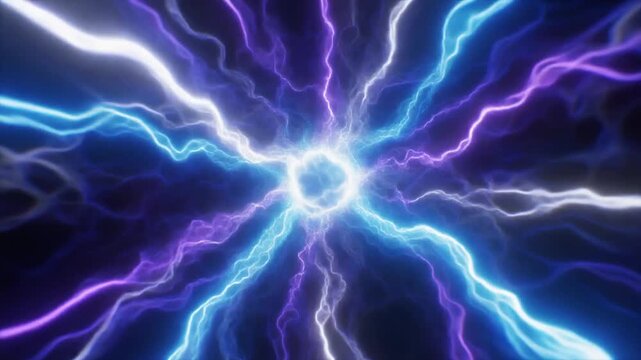 Abstract Electrical Energy Bursting and Radiating Blue and Purple Plasma Bolts