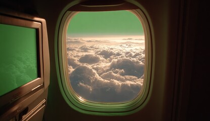 Naklejka premium View from airplane window showing clouds below and a green screen on the left