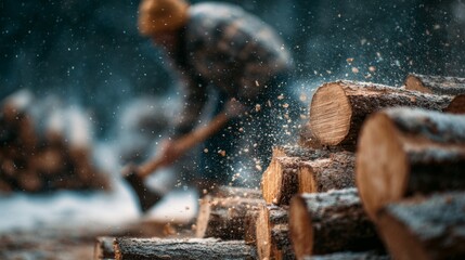 Wood cutting activity taking place in snowy forest during winter season with scattered sawdust in the air