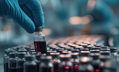 Gloved hand selects vial of red liquid from rows of samples
