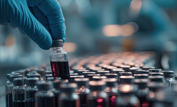Gloved hand selects vial of red liquid from rows of samples - Powered by Adobe