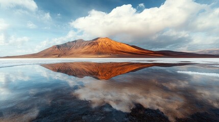 A majestic mountain reflecting in a clear lake beneath a sky dotted with fluffy clouds