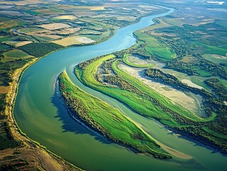 Aerial view of a meandering river flowing through a patchwork of agricultural fields and green land