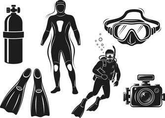 Scuba diving equipment vector illustration, diver with wetsuit, oxygen tank, flippers, underwater camera, and mask, marine adventure and underwater exploration concept © Gita