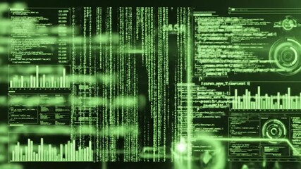 Green Screen abstract digital source code of a computer program on virtual display animation statistics recording and data processing over black background seamless loop scene 2 with distortion - Powered by Adobe