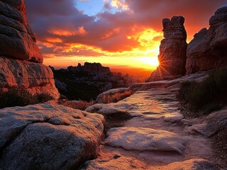 Golden Sunset over Rocky Terrain a Majestic View of a Mountainous Landscape