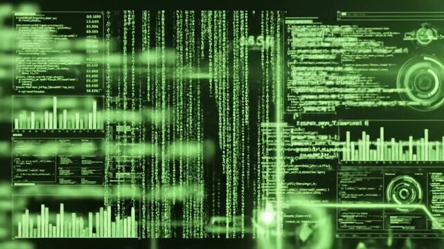 Green Screen abstract digital source code of a computer program on virtual display animation statistics recording and data processing over black background seamless loop scene 2 with distortion