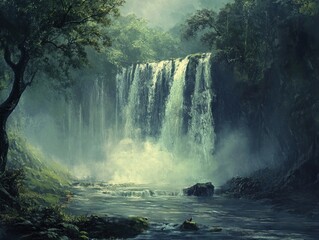 A serene and misty waterfall cascading into a tranquil river surrounded by lush greenery
