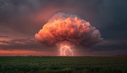 Dramatic storm cloud illuminated by lightning over a rural field at dusk