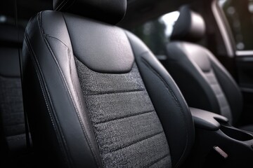 Close-up of modern car's premium leather and textured fabric seats