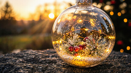 Glass bauble with glowing mini Christmas toy on wooden background