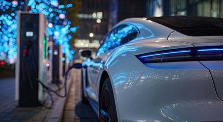 White electric car charging at night with bokeh lights