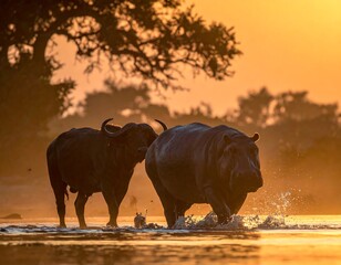 Two large animals walking through water during the golden hour