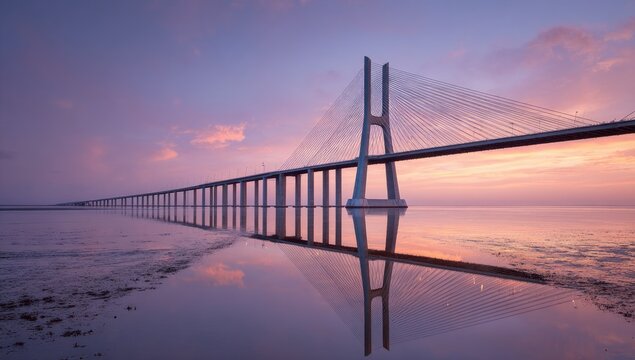 Long cable-stayed bridge spans calm water at sunrise, reflected perfectly