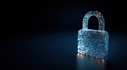 A glowing digital padlock formed from sparkling particles on a dark background