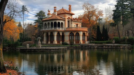 Architectural marvel nestled amidst autumnal foliage by a tranquil reflecting pond
