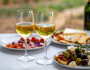 Two glasses of white wine with an array of snack plates