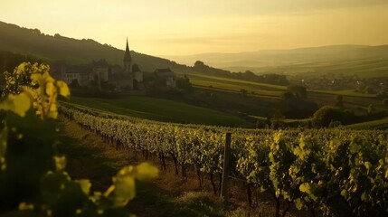 Vineyard landscape with a village and church tower at golden hour