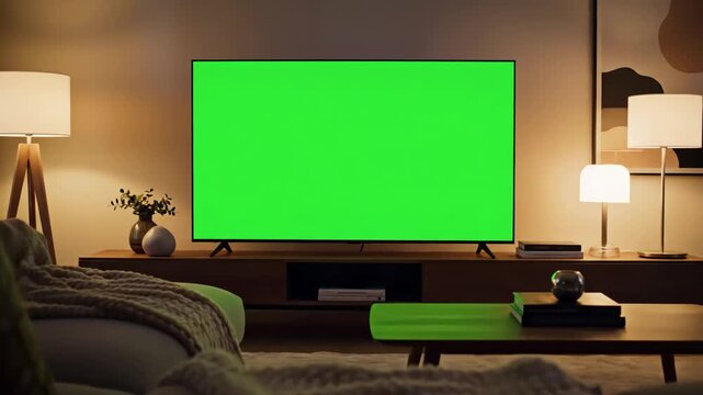 Evening Ambiance with couple watches green mock up screen tv while sitting on a couch in the living room romantic for boyfriend and girlfriend distortion, overlay, glitch, static noise, scan lines