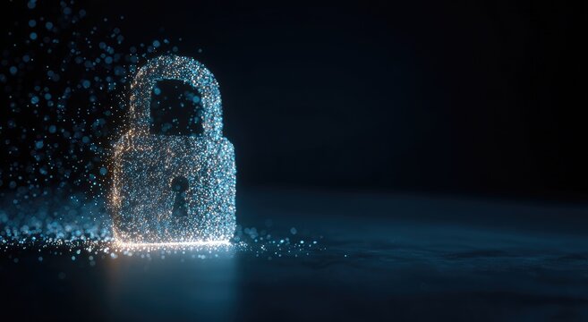 Digital lock formed from glowing particles dispersing against a dark background - Powered by Adobe