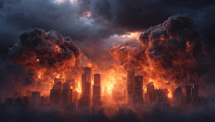 City skyline engulfed in massive fiery explosions under dark, stormy clouds