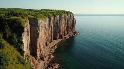 Coastal Cliffs with Lush Green Forest and Serene Blue Ocean Vista on a Clear Day