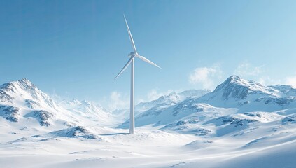 A lone wind turbine stands tall amidst a vast, snow-covered mountain landscape