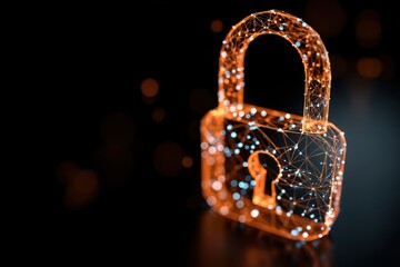 A digital padlock made of glowing orange geometric lines on black