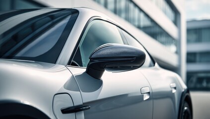 Fototapeta premium Sleek, silver electric vehicle parked against a modern, mirrored building exterior