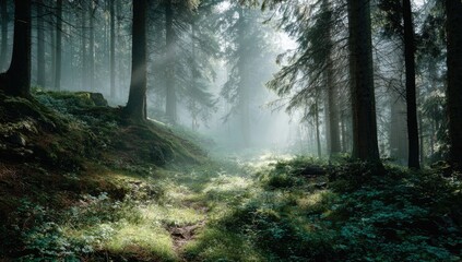Fototapeta premium Sunbeams pierce foggy forest canopy, illuminating a path through dense, green woods