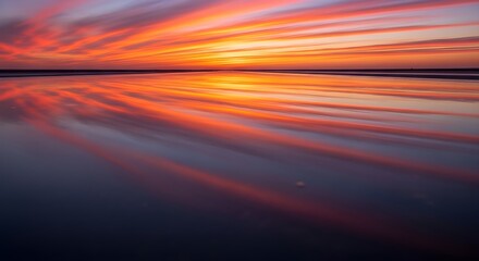 Obraz premium Vivid sunset painting the sky with fiery hues reflected on a tranquil water surface, creating a breathtaking natural spectacle