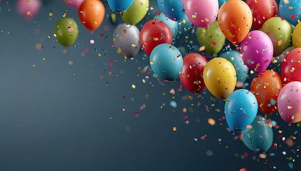 Vibrant, colorful balloons and confetti float against a dark background