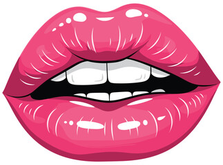 Bright Pink Glossy Pop Art Lips Vector, Open Mouth with White Teeth, Sexy and Glamorous Makeup, Fashion, Beauty, and Cosmetics Concept Illustration