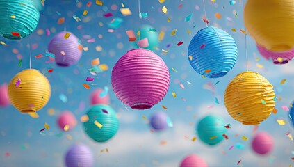 Colorful spherical lanterns suspended in bright blue sky with confetti