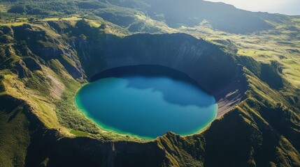 Aerial view of a serene blue lake nestled in a mountainous volcanic crater